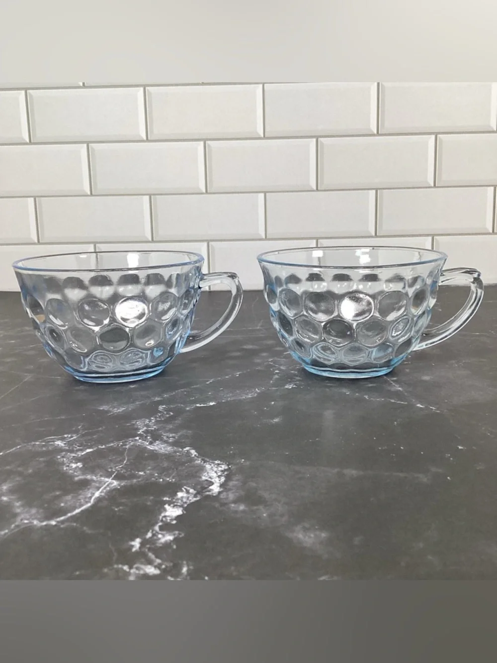 4 Vtg Anchor Hocking Blue Bubble Glass Teacups Or Punch Glasses Depression Glass